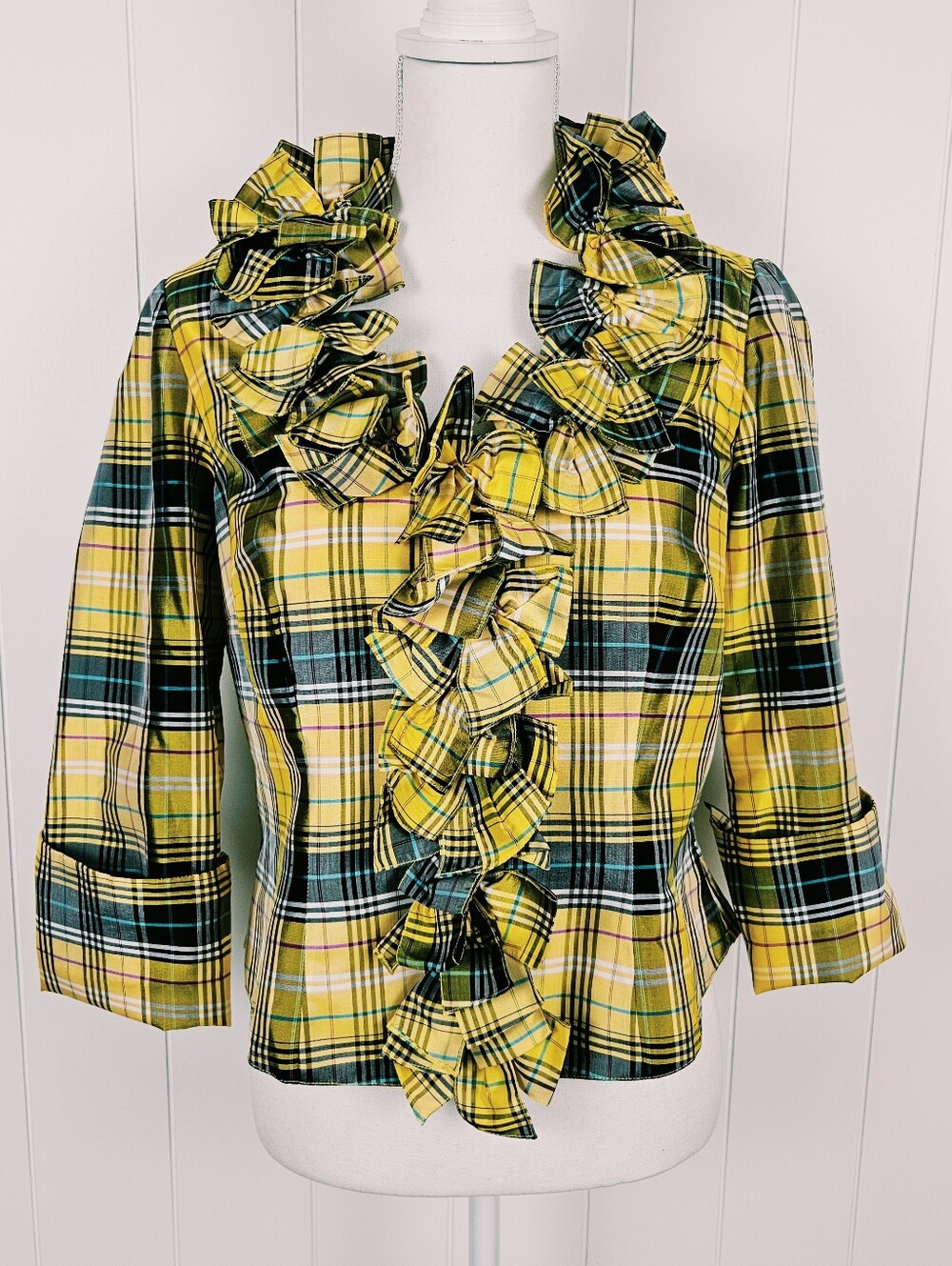 Marisa Baratelli Silk Jacket Yellow Plaid Ruffle Womens 10 Snap Front Structured